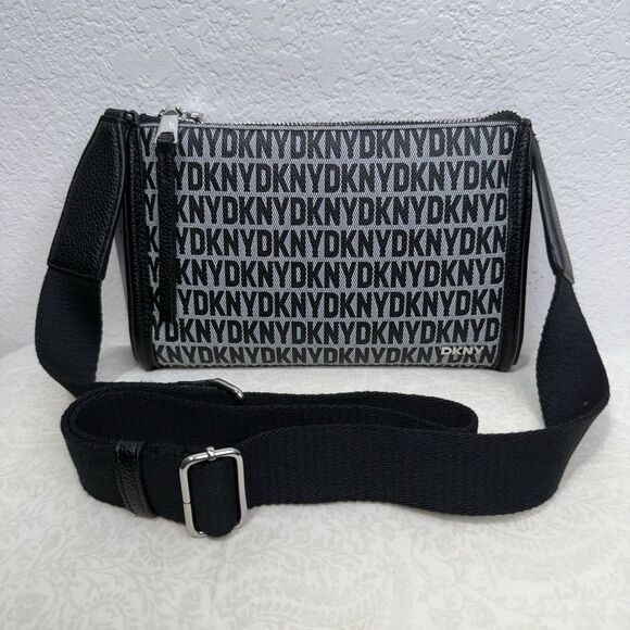 NWT DKNY Milo Crossbody Bag Black Monogram Thick Adjustable Strap Zip Magnet - Picture 2 of 16